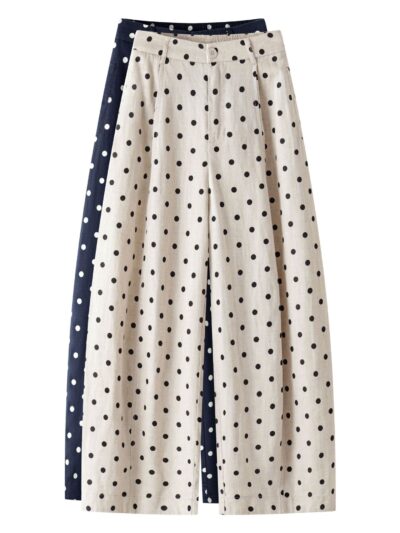 Women's Petite Cotton Linen Blend Elastic Waist Polka Pants (Ready to Ship)