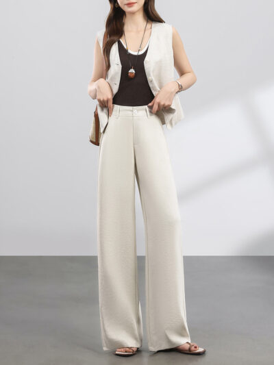 Ice Silk Linen Elastic Waist Straight Leg Casual Pants