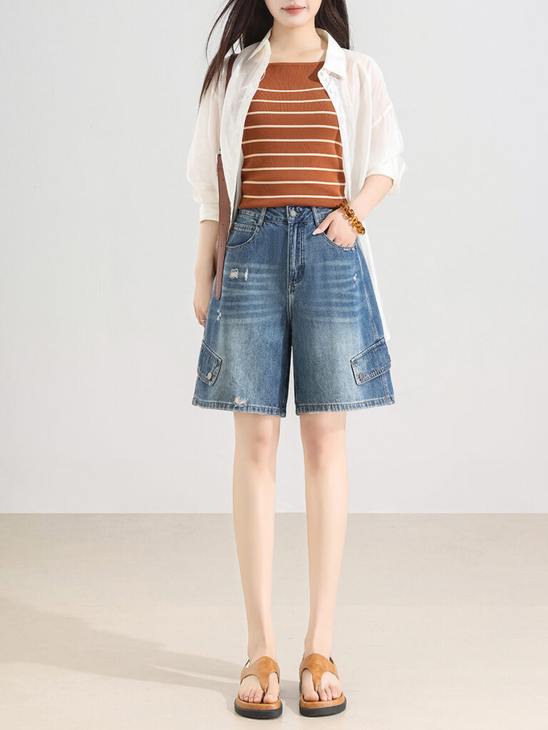 Distressed Washed High Waist Slight Stretch Loose Shorts
