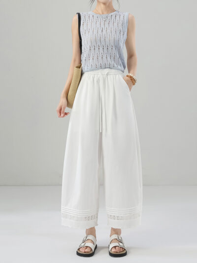 Petite lace white wide-leg casual pants (Ready to Ship)