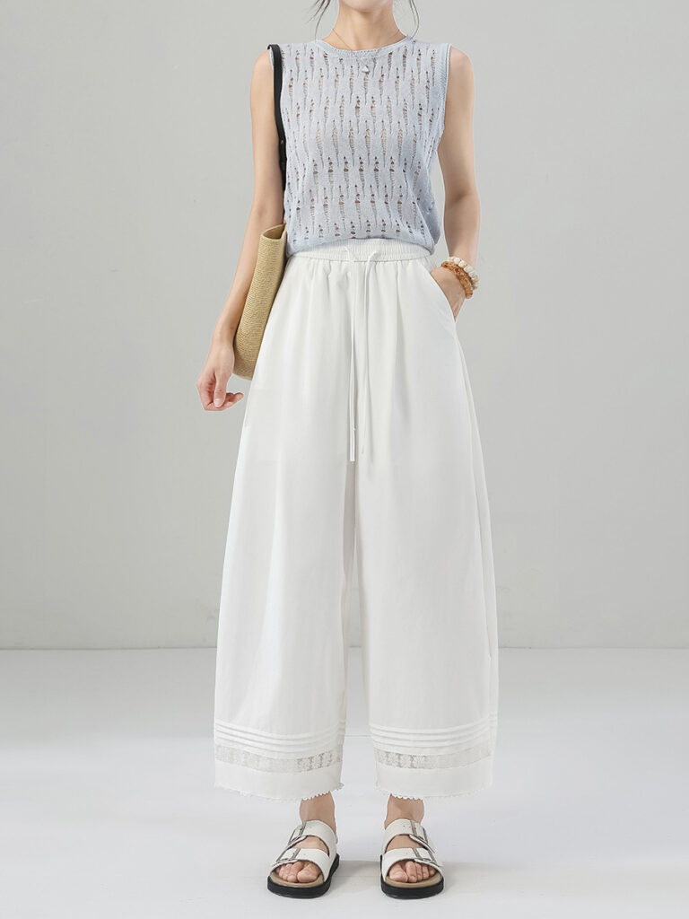 Petite lace white wide-leg casual pants (Ready to Ship)
