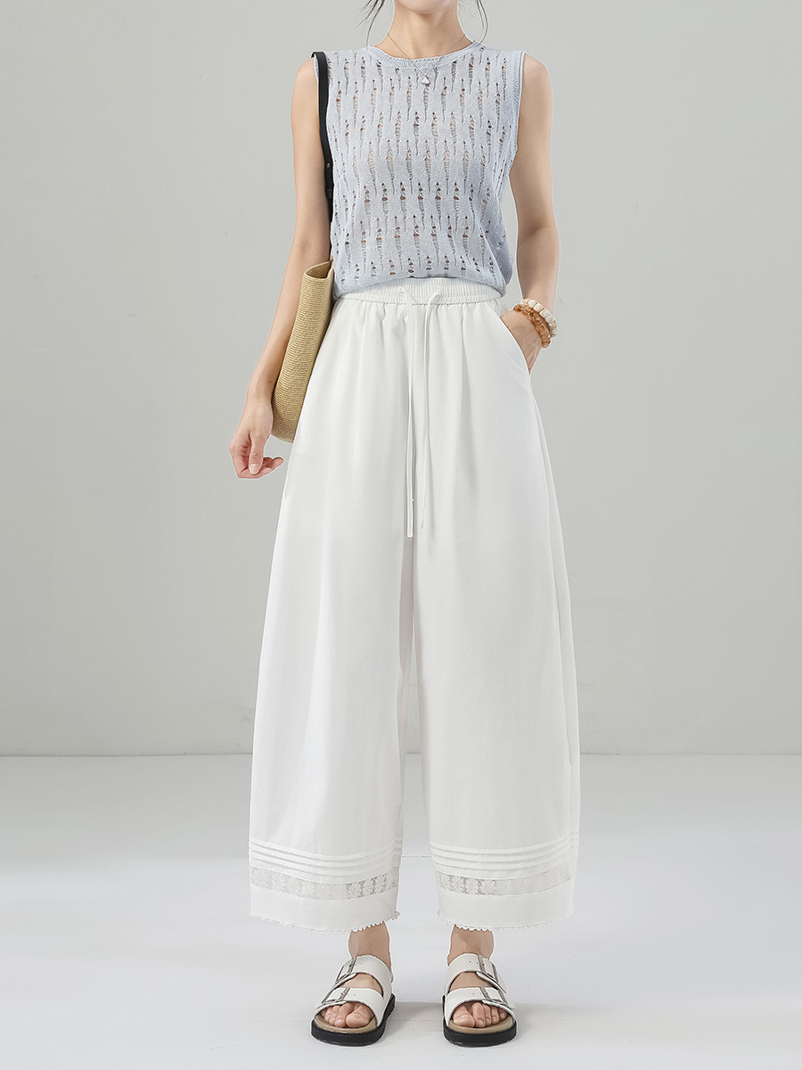 Petite lace white wide-leg casual pants (Ready to Ship)
