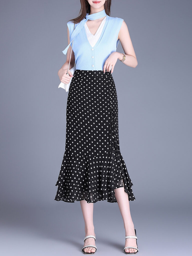 Polka Dot Irregular Chiffon High Waist Slim Pencil Skirt