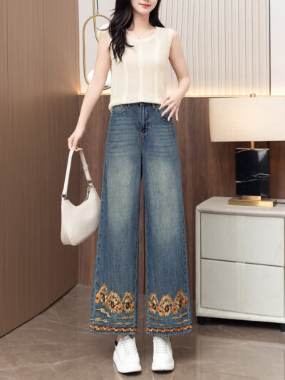 [South Oil Quality] Guofeng Heavy Industry Embroidery Tencel Spun Cotton Straight Leg Jeans Women Summer High Waist Slimming