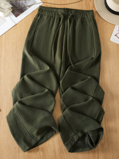 Ice silk linen elastic waist straight casual pants (Ready to Ship)