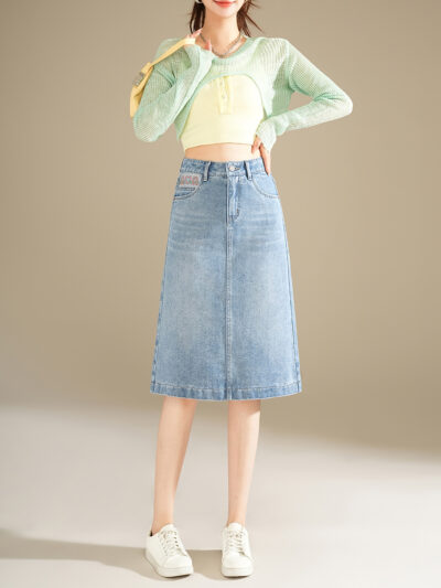 Summer 2026 new mid-length A-line skirt high waist slim denim skirt back slit package hip skirt
