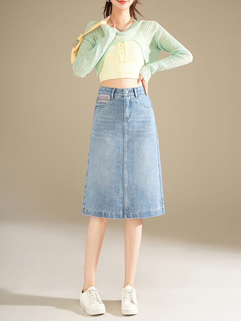 Summer 2026 new mid-length A-line skirt high waist slim denim skirt back slit package hip skirt
