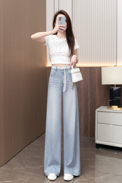[South oil quality] summer new high waist slim Xinjiang long fleece soft denim cat beard pattern straight jeans