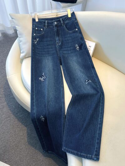 Heavy sequin embroidered bow retro straight jeans high (Factory Direct Price)