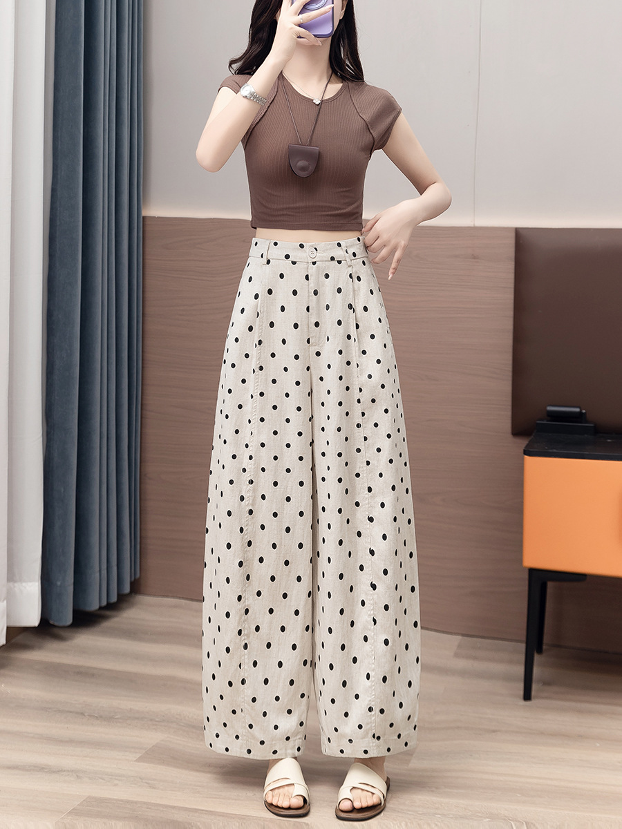 Women's Petite Cotton Linen Blend Elastic Waist Polka Pants (Ready to Ship) - Image 6