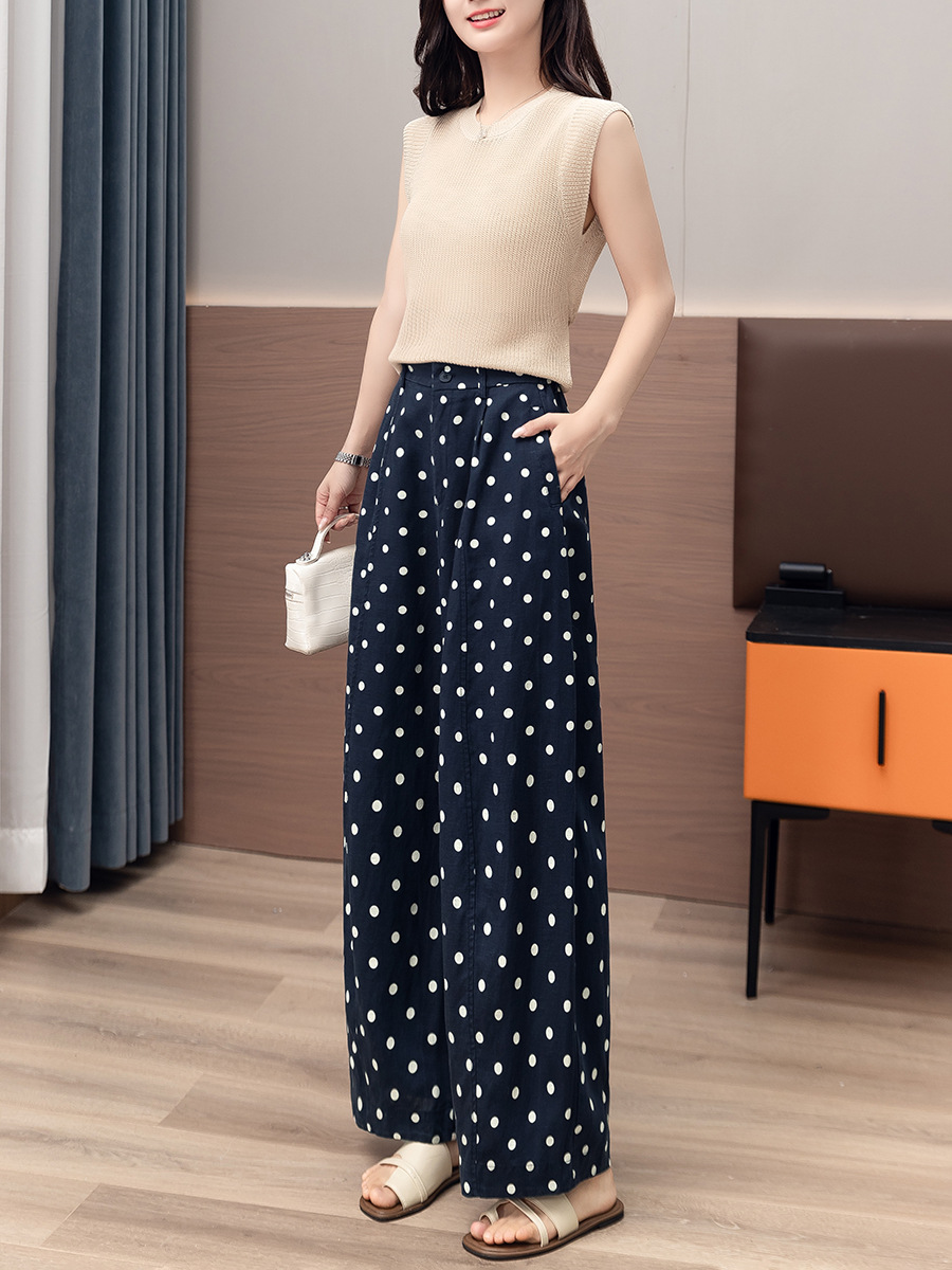 Women's Petite Cotton Linen Blend Elastic Waist Polka Pants (Ready to Ship) - Image 11