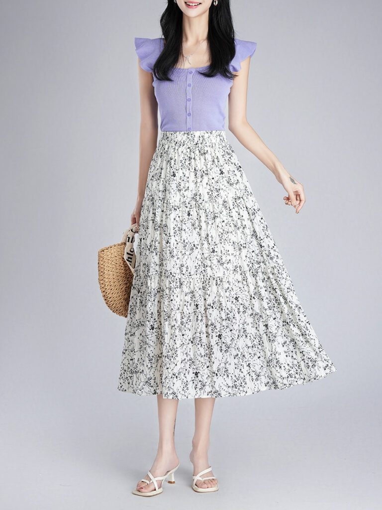 Chiffon floral print wrinkle resistant high waist Skirt (Ready to Ship)