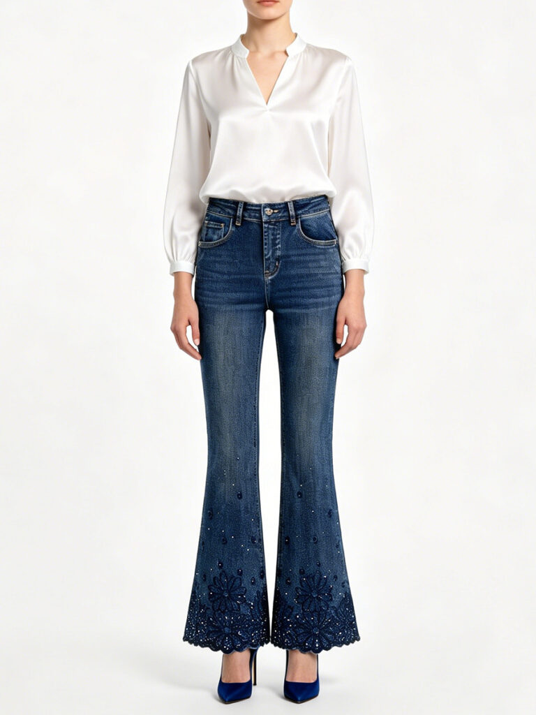 Women's High Waisted Vintage Bootcut Jeans with Heavy Embroidery