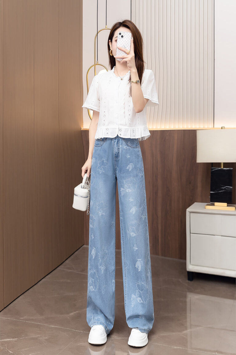 Women's High Rise Jacquard Tencel Jeans - Drapey Straight Wide Leg Denim