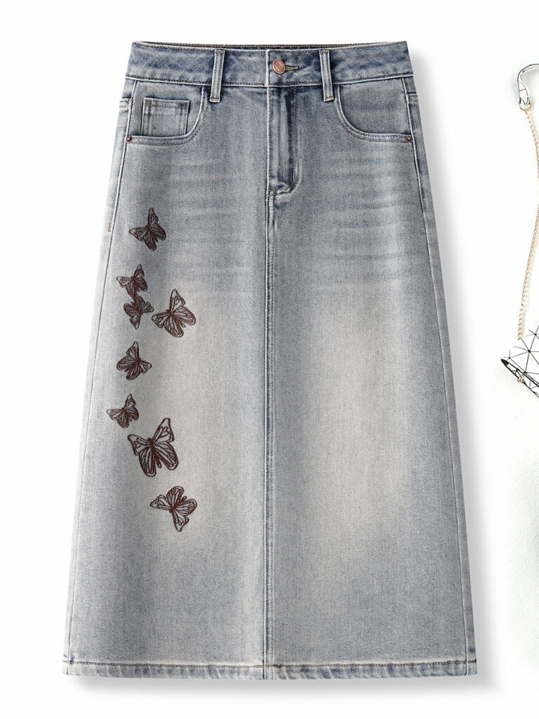 Women’s High-Rise Butterfly Embroidered Denim Skirt (Factory Direct Price)