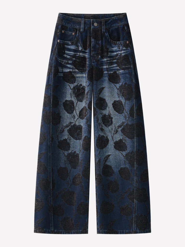 Women’s French Style Rose Floral Printed Vintage Blue Jeans (1 Pc Welcome / Low MOQ)