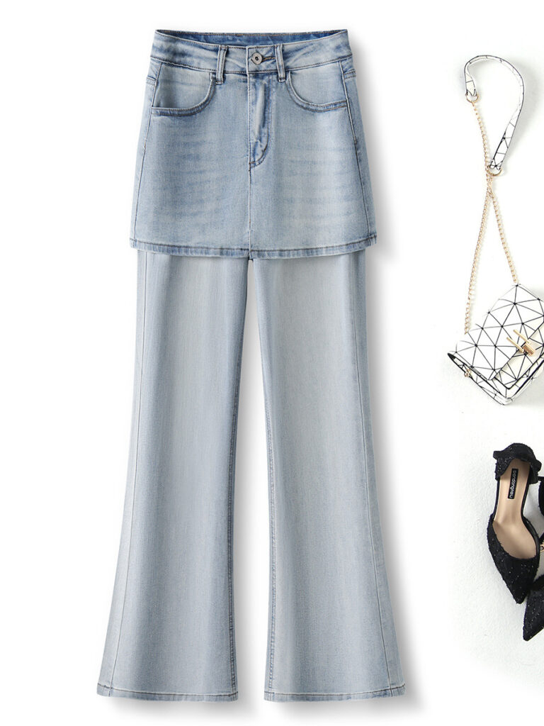 Women’s Layered Two-Piece Flared Denim Pants in Light (Factory Direct Price)