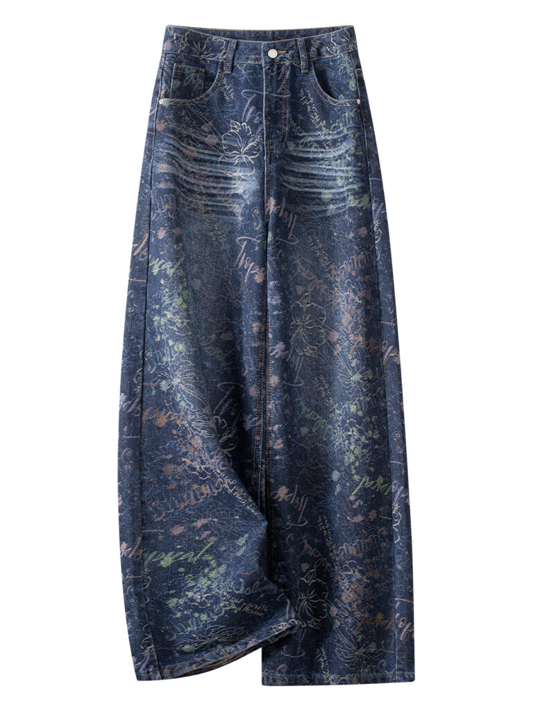 Women’s High-Rise Floral Letter Jacquard Wide-Leg Jeans (1 Pc Welcome / Low MOQ)