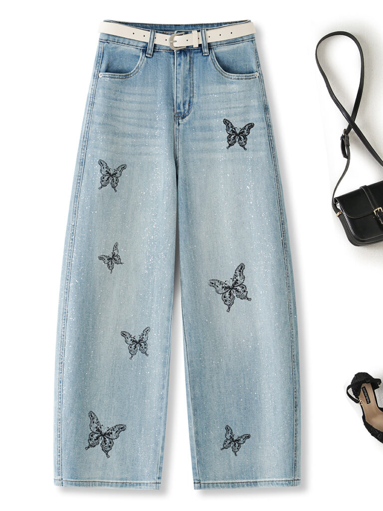 Women’s Glitter Butterfly Cropped Barrel Leg Jeans (1 Pc Welcome / Low MOQ)