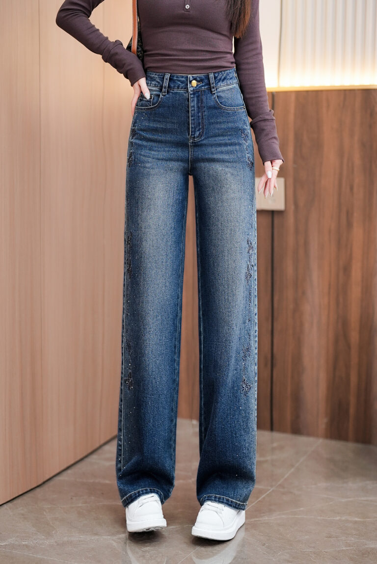 Women’s High-Rise Rhinestone Straight Denim Pants in (1 Pc Welcome / Low MOQ)