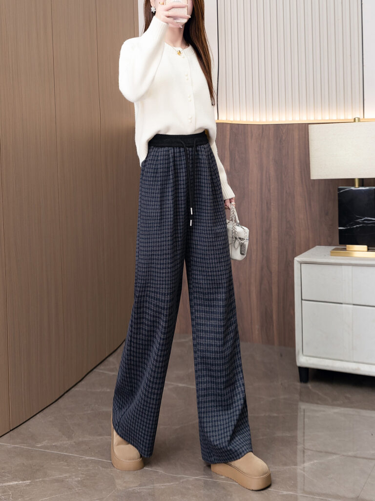 Women’s Elastic Waist Plaid Trim Straight Wide-Leg Trousers (1 Pc Welcome / Low MOQ)
