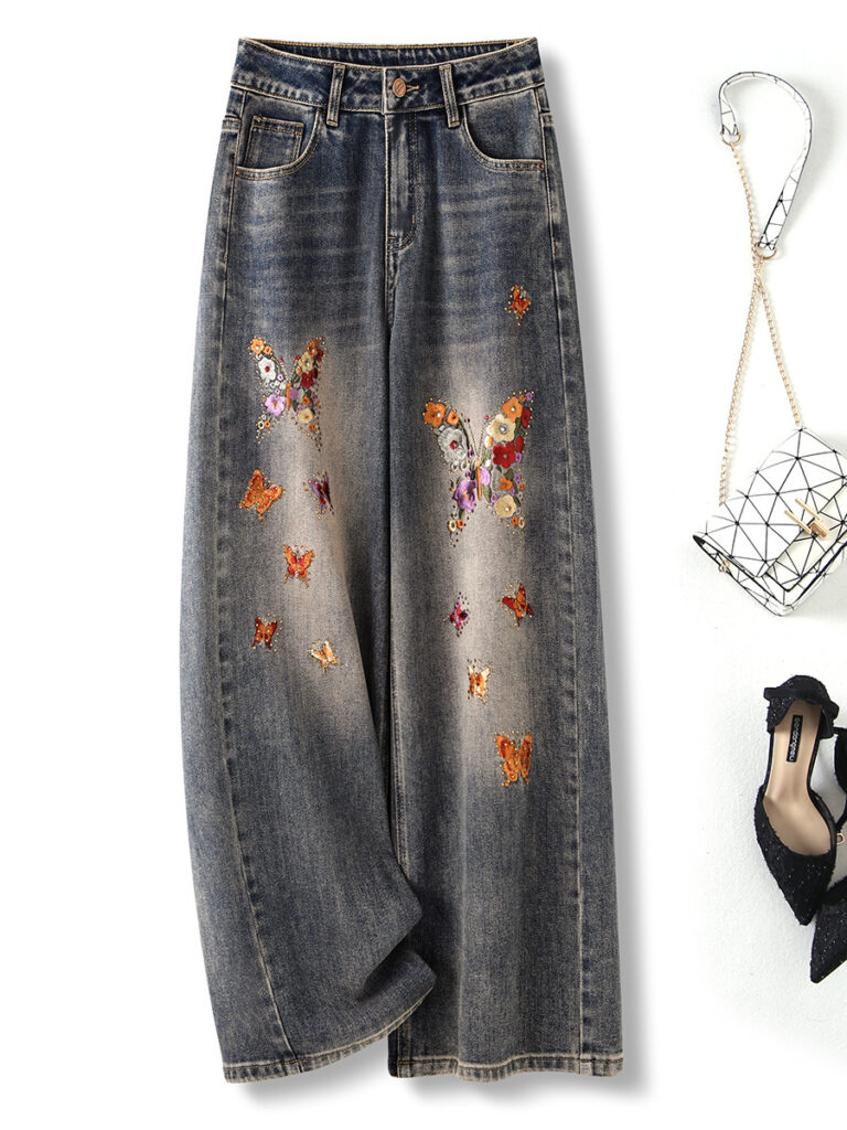 Women’s High-Rise Butterfly Rhinestone Embroidered Jeans (Factory Direct Price)