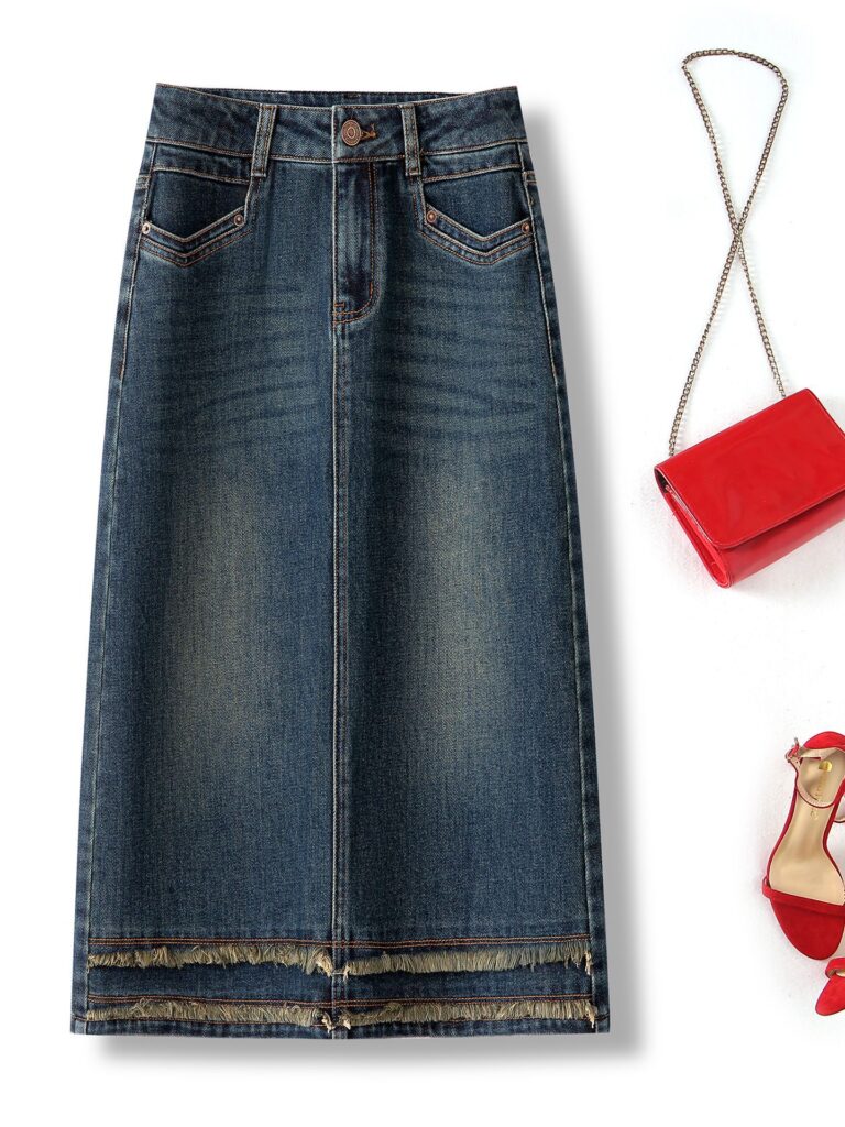 Women’s High-Rise Frayed Hem Denim A-Line Skirt (Ready to Ship)