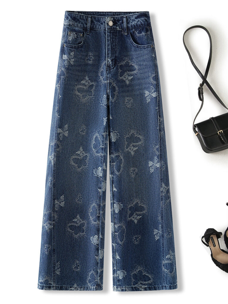 Women’s High-Rise Jacquard Pattern Wide-Leg Straight Jeans (1 Pc Welcome / Low MOQ)