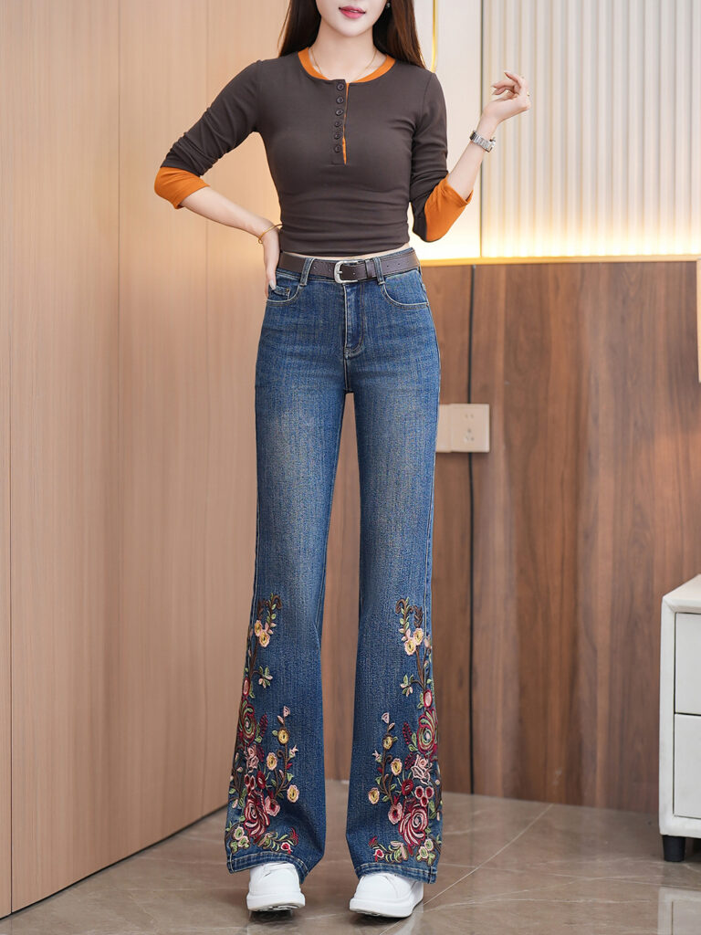 Women’s High-Rise Embroidered Flared Denim Pants (Ready to Ship)