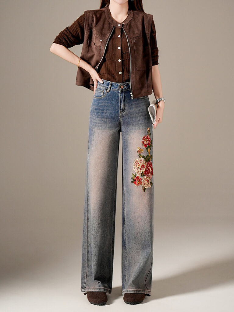 Women’s High-Rise Rhinestone Floral Embroidered Jeans (1 Pc Welcome / Low MOQ)