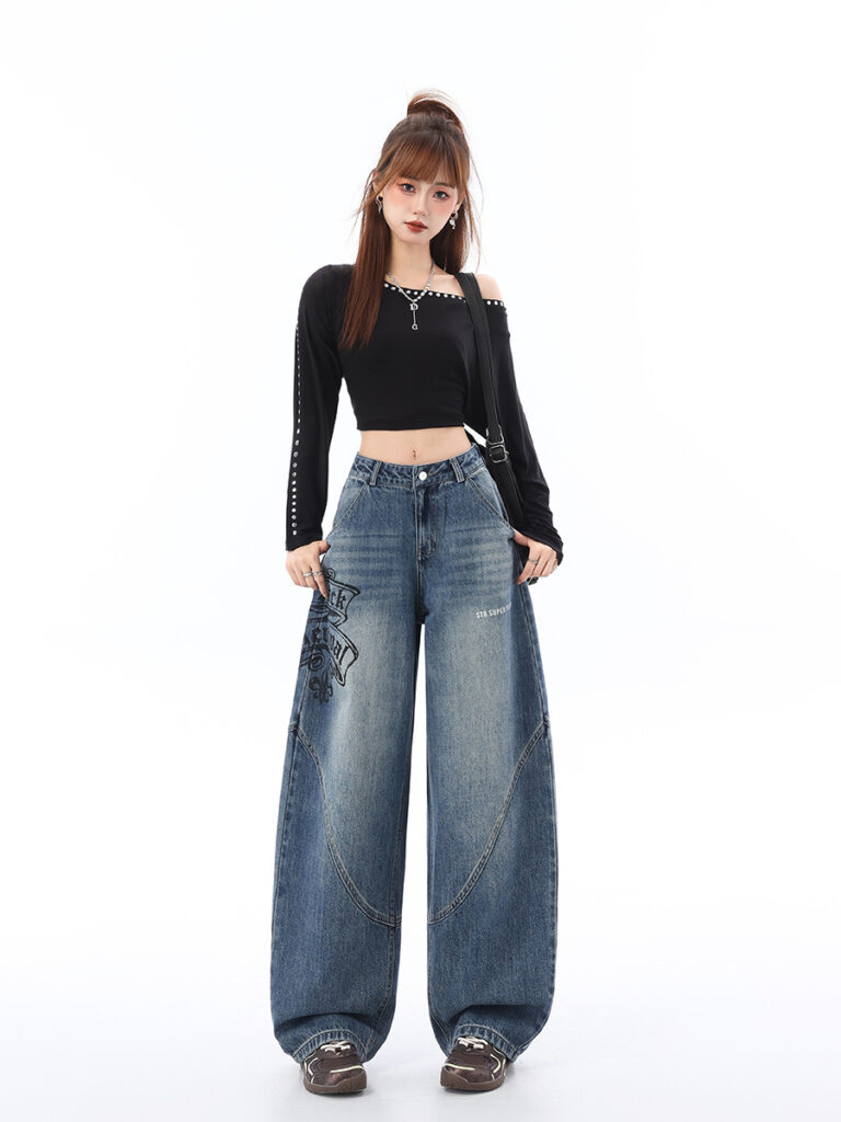 Women’s Graphic Letter Print Wide-Leg Barrel Jeans (1 Pc Welcome / Low MOQ)