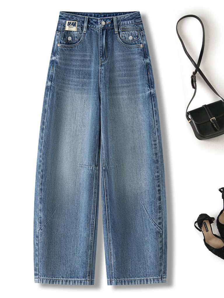 Women’s High-Waisted Patchwork Washed Barrel Wide-Leg Jeans (Ready to Ship)